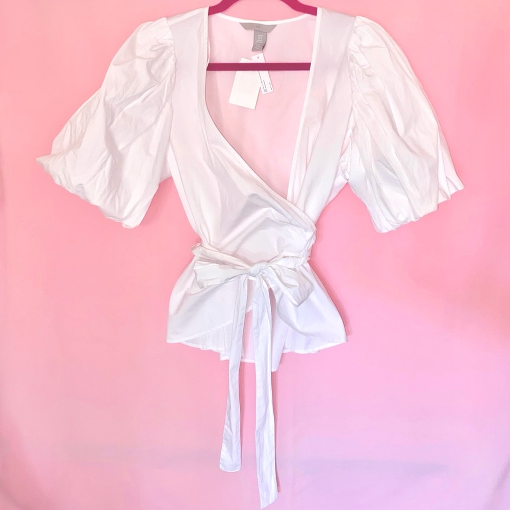 Waist Wrap Top Puff Sleeve Balloon White XS Extra Small 4 6 Business Clean H&M